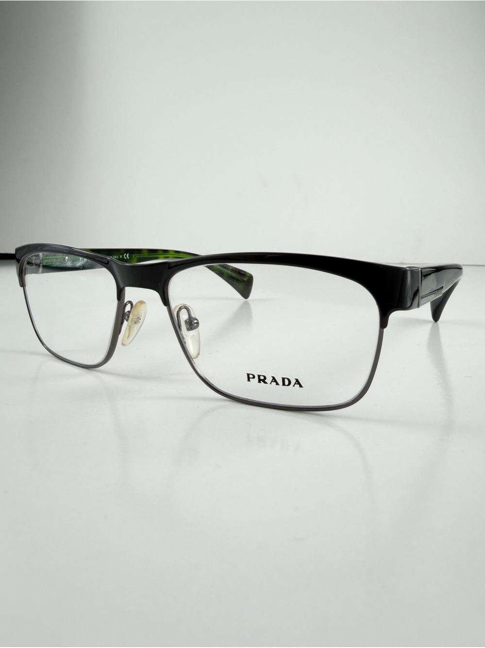 Prada Black Green Tortoiseshell Eyeglasses VPR 61P KAG-101 Rectangle Browline - Picture 12 of 15